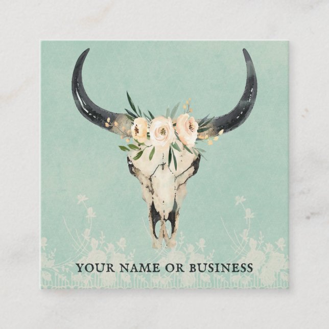 Boho Floral Cow Skull on Turquoise Square Business Card (Front)