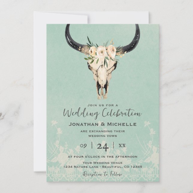Boho Floral Cow Skull on Turquoise Wedding Invitation (Front)