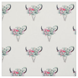 Boho Floral Cow Skull Pattern Fabric