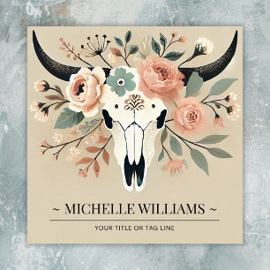 Boho Floral Cow Skull  Square Business Card