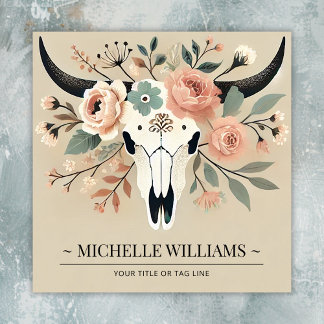 Boho Floral Cow Skull Square Business Card