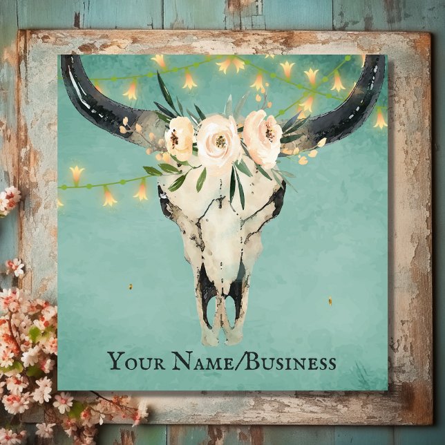 Boho Floral Cow Skull, String Lights on Turquoise Square Business Card (Front - Boho Floral Cow Skull, String Lights on Turquoise Square Business Card)