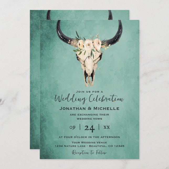 Boho Floral Cow Skull Turquoise All in One Wedding Invitation (Front/Back)