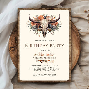 Boho Floral Cow Skull Western Birthday Party Invitation