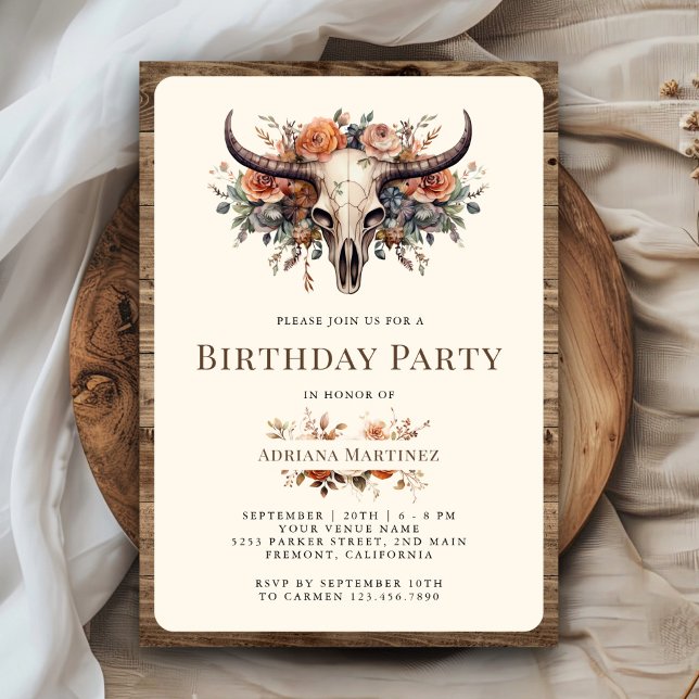 Boho Floral Cow Skull Western Birthday Party Invitation (Creator Uploaded)