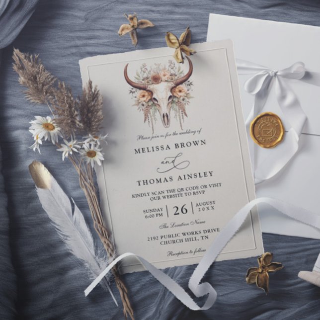 Boho Floral Cow Skull Western QR Code Wedding Invitation (Creator Uploaded)