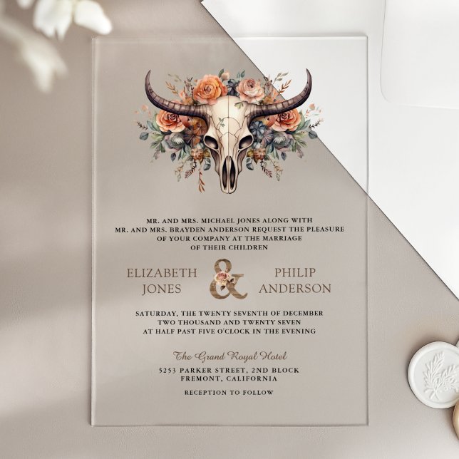 Boho Floral Cow Skull Western Wedding Acrylic Invitations (Creator Uploaded)