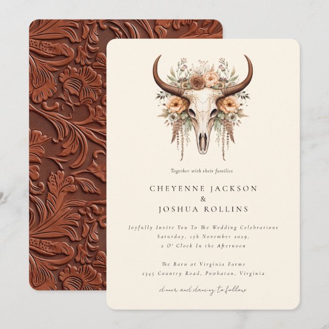 Boho Floral Cow Skull Western Wedding  Invitation (Front/Back)