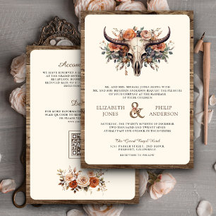 Boho Floral Cow Skull Western Wedding Invitation