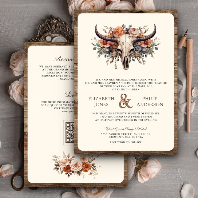 Boho Floral Cow Skull Western Wedding Invitation (Creator Uploaded)