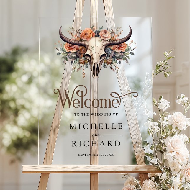 Boho Floral Cow Skull Western Wedding Welcome Acrylic Sign (Creator Uploaded)