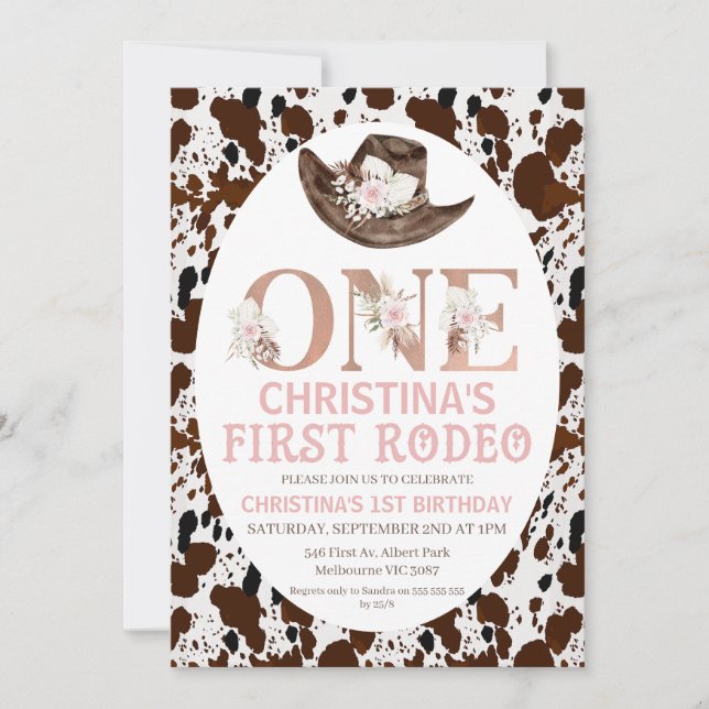 Boho Floral Cowgirl Hat First Rodeo Birthday Invitation (Front)