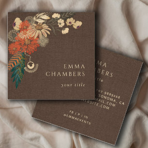 Boho Floral Cream Brown Linen Business Card