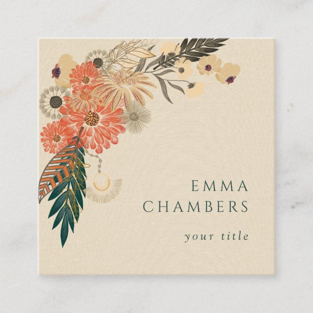 Boho Floral Cream Linen Business Card (Front)