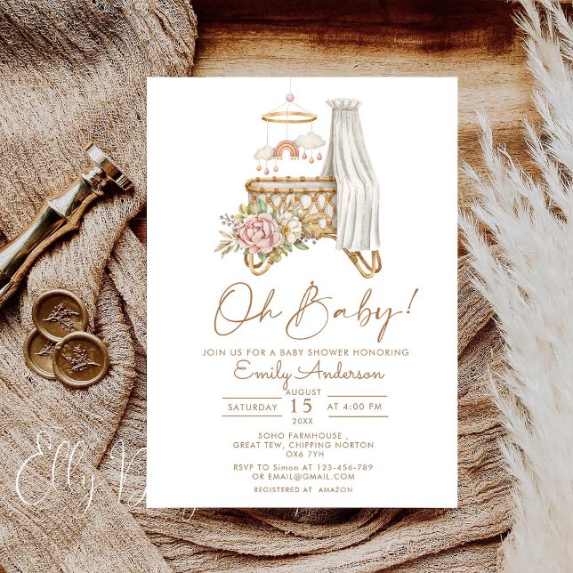 Boho Floral Crib Bassinet Nursery Baby Shower  Invitation (Creator Uploaded)