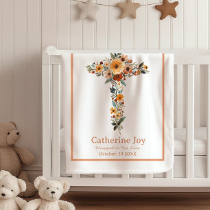 Boho Floral Cross Baptism Gift Name Baby Blankets