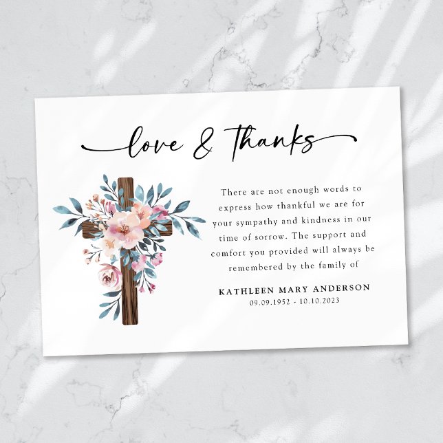 Boho Floral Cross Script Funeral Thank You Card (Creator Uploaded)