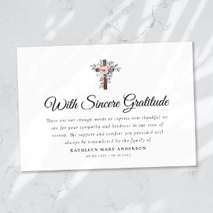 Boho Floral Cross Script Funeral Thank You Card