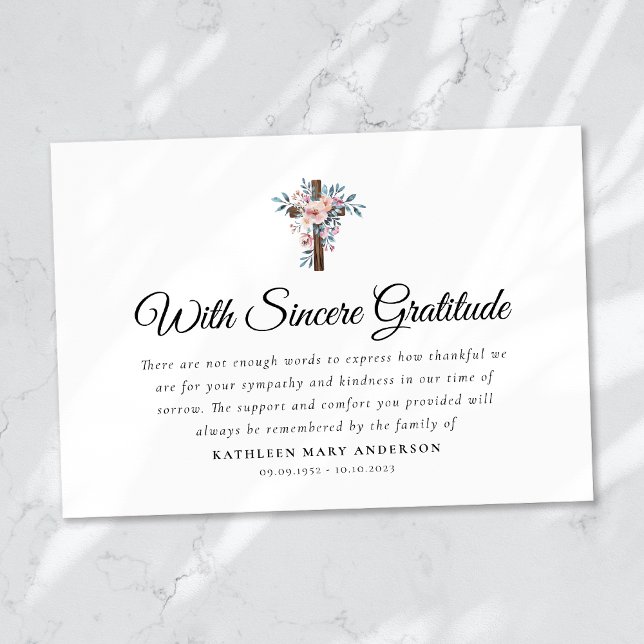 Boho Floral Cross Script Funeral Thank You Card (Creator Uploaded)