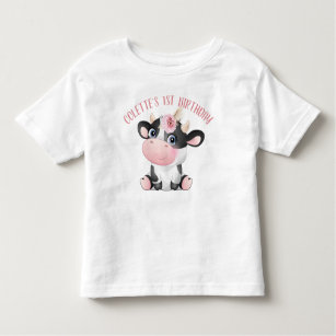 Boho Floral Cute Cow First Birthday Baby T-Shirt