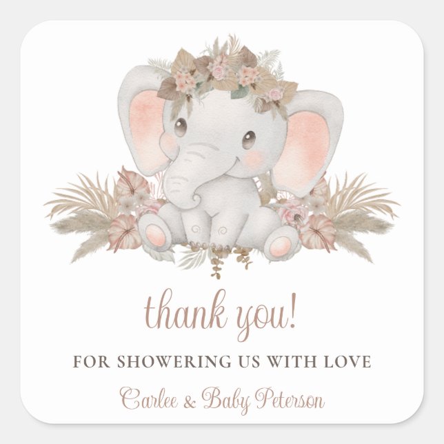 Boho Floral Cute Elephant Baby Shower Sticker (Front)