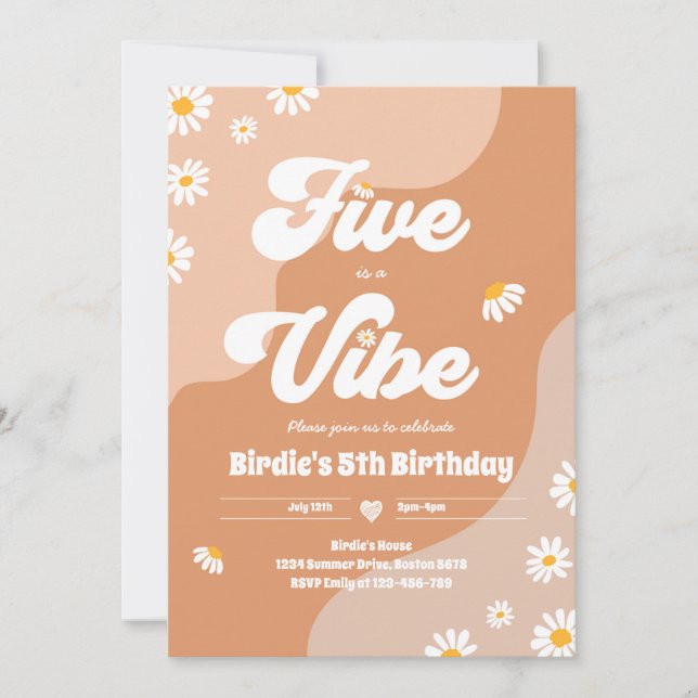 Boho Floral Daisy 5th Birthday Five Is A Vibe Invitation (Front)