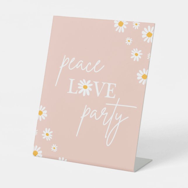 Boho Floral Daisy Groovy Birthday Peace Love Party Pedestal Sign (Front)