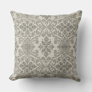 Boho Floral Damask Line Art, Black on Beige Cushion