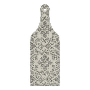 Boho Floral Damask Line Art, Black on Beige Cutting Board