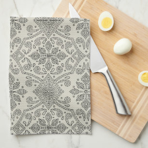 Boho Floral Damask Line Art, Black on Beige Tea Towel