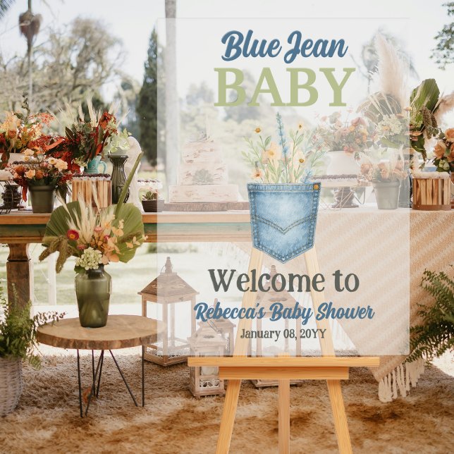 Boho Floral Denim Blue Jean Baby Shower Welcome Acrylic Sign (Creator Uploaded)