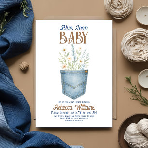 Boho Floral Denim Boy Blue Jean Baby Shower Invitation