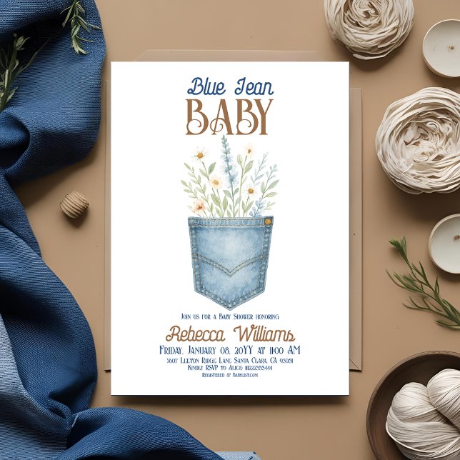 Boho Floral Denim Boy Blue Jean Baby Shower Invitation (Creator Uploaded)