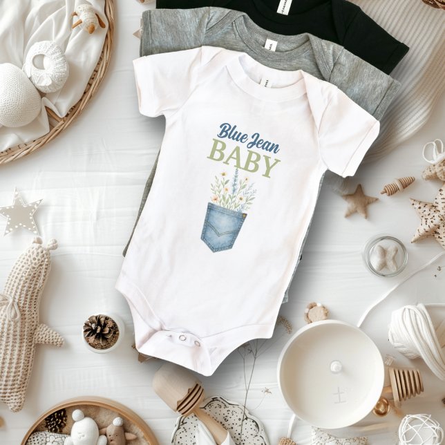 Boho Floral Denim Pocket Blue Jean Baby Shower Baby Bodysuit (Creator Uploaded)