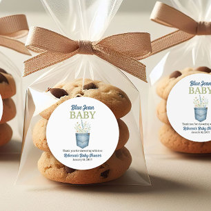 Boho Floral Denim Pocket Blue Jean Baby Shower Classic Round Sticker