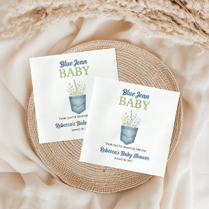 Boho Floral Denim Pocket Blue Jean Baby Shower Napkin
