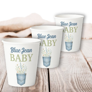 Boho Floral Denim Pocket Blue Jean Baby Shower Paper Cups