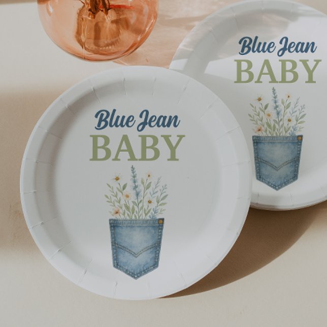 Boho Floral Denim Pocket Blue Jean Baby Shower Paper Plate (Creator Uploaded)
