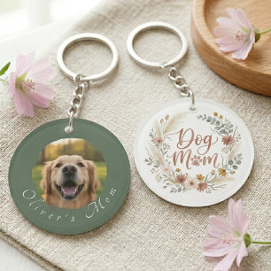 Boho Floral Dog Mum Photo Frame Key Ring