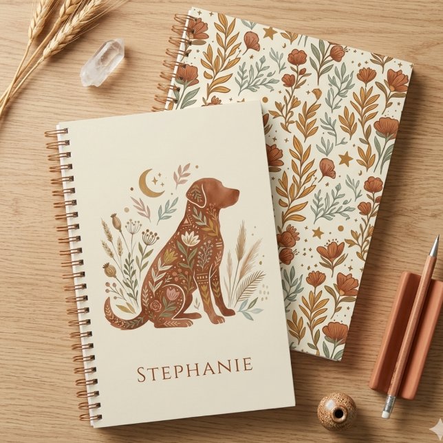 Boho Floral Dog Silhouette Earthy Botanical Planner (Boho botanical dog silhouette notebook for the dog mom — a unique holiday gift idea.)