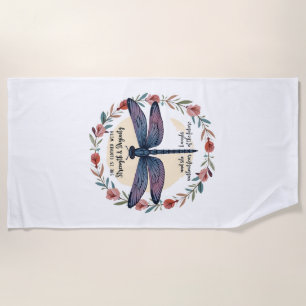 Boho Floral Dragonfly She Is Clothed With Strength Beach Towel