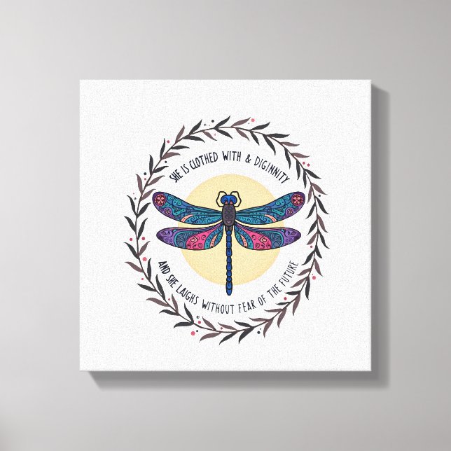 Boho Floral Dragonfly She Is Clothed With Strength Canvas Print (Front)