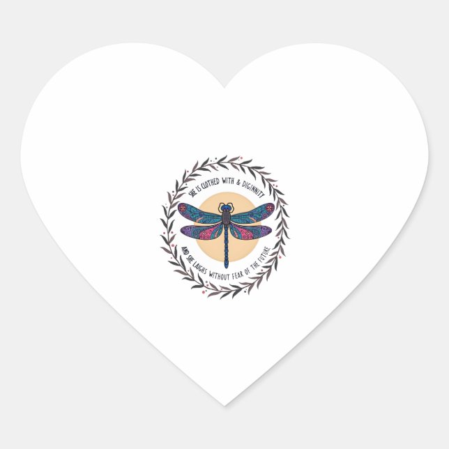 Boho Floral Dragonfly She Is Clothed With Strength Heart Sticker (Front)