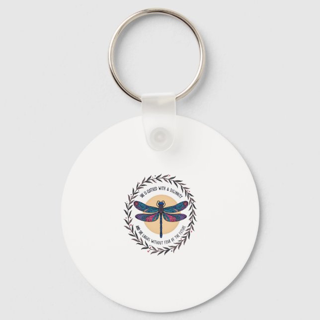 Boho Floral Dragonfly She Is Clothed With Strength Key Ring (Front)