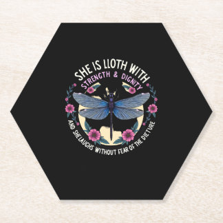 Boho Floral Dragonfly She Is Clothed With Strength Paper Coaster