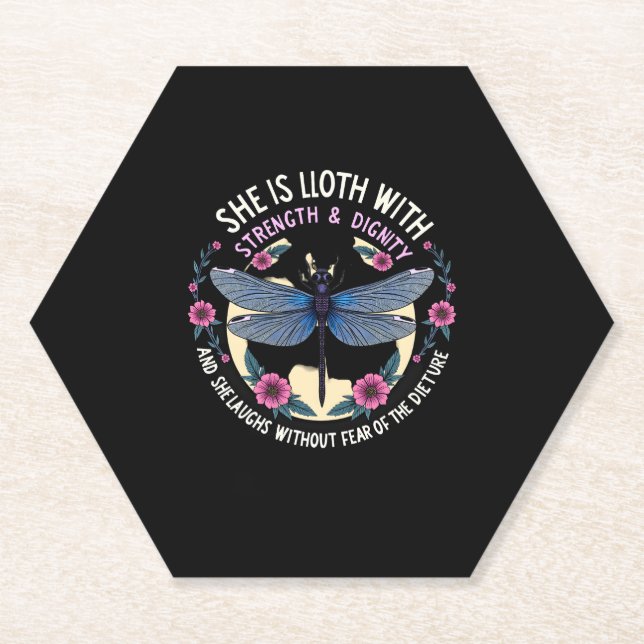 Boho Floral Dragonfly She Is Clothed With Strength Paper Coaster (Front)