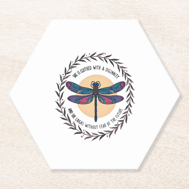 Boho Floral Dragonfly She Is Clothed With Strength Paper Coaster (Front)