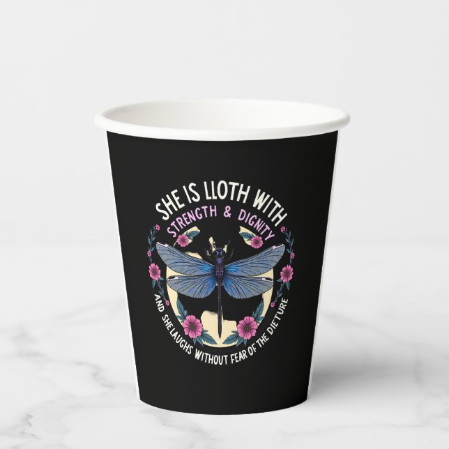 Boho Floral Dragonfly She Is Clothed With Strength Paper Cups (Front)