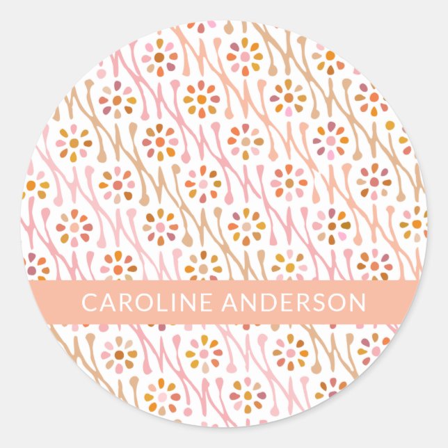 Boho Floral Drawing Blush and Taupe Personalised  Classic Round Sticker (Front)
