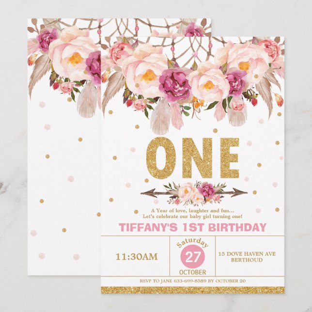 Boho Floral Dream Catcher 1st Birthday Tribal Girl Invitation (Front/Back)